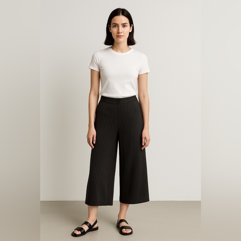 Elie Tahari Womens Pant Sz S Black Ribbed Wide Leg Pull On Ankle Fit Minimalist